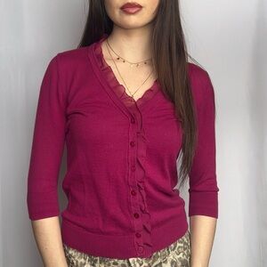 Merona Women's Ruffled V-Neck Cardigan Sweater - Fuchsia